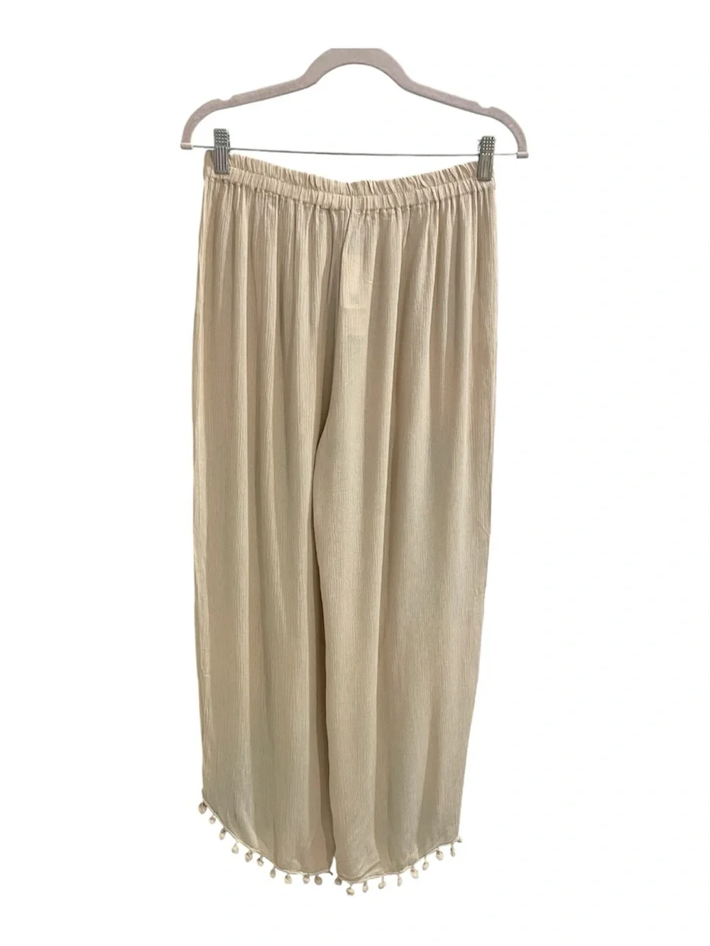 Salty Lemon NWT Oyster Boho Resort Wide Leg Pom Trim Pants Size L - Picture 3 of 6